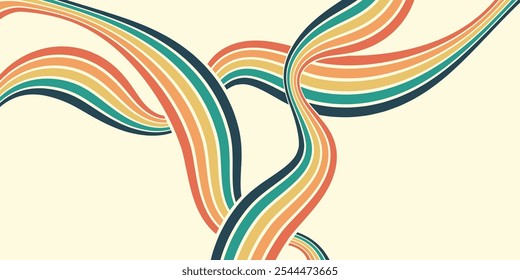 Abstractas colorido Vector de fondo de los años 70. Fondo de pantalla retro de Antiguas con rayas arcoíris y líneas onduladas. Una ilustración a color de 1970 adecuada para carteles, Anuncios, artículos decorativos y arte mural.