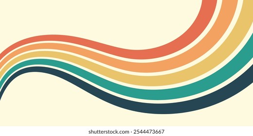 Abstract colorful 70s background vector. Vintage retro wallpaper with rainbow stripes and wavy lines. A 1970 color illustration suitable for posters, banners, decorative items and wall art.