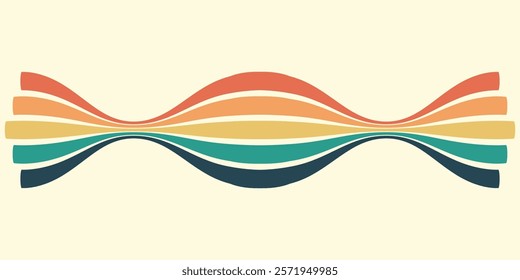 Abstract colorful 70s background vector. Vintage retro wallpaper with rainbow stripes and wavy lines. A 1970 color illustration suitable for posters, banners, decorative items and wall art.