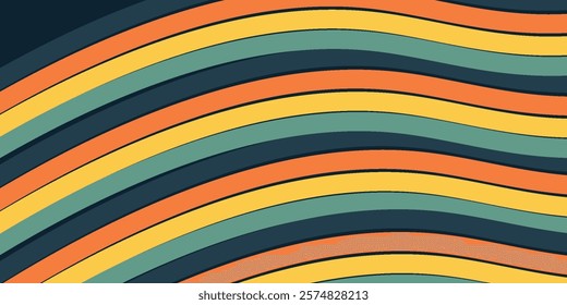 Abstract colorful 70s background vector. Vintage retro wallpaper with rainbow stripes and wavy lines art