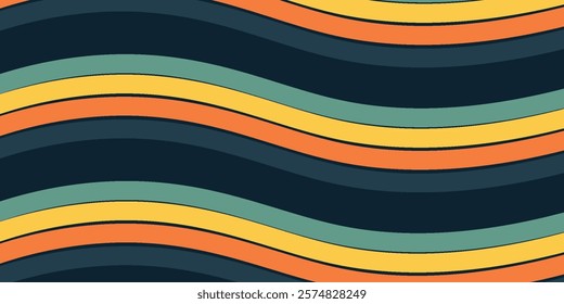Abstract colorful 70s background vector. Vintage retro wallpaper with rainbow stripes and wavy lines art