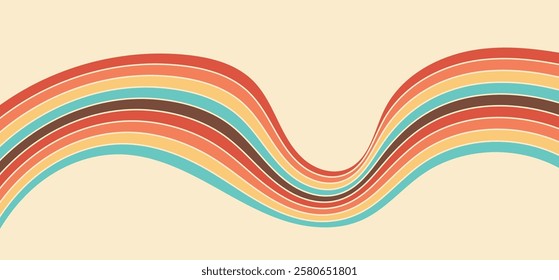 Abstract Colorful 70s Background Vector – Vintage Retro Wallpaper with Rainbow Stripes and Wavy Lines, Perfect for Posters, Banners, Decor and Wall Art