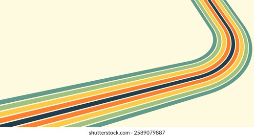 Abstract colorful 70s background vector. Vintage retro wallpaper with rainbow stripes and wavy lines. A 1970 color illustration suitable for posters, banners, decorative items and wall art.