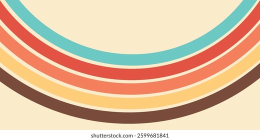 Abstract colorful 70s background vector. Vintage retro wallpaper with rainbow stripes and wavy lines. A 1970 color illustration suitable for posters, banners, decorative items and wall art.
