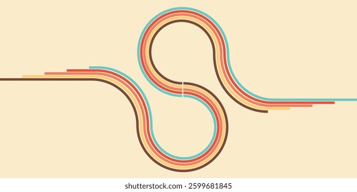 Abstract colorful 70s background vector. Vintage retro wallpaper with rainbow stripes and wavy lines. A 1970 color illustration suitable for posters, banners, decorative items and wall art.