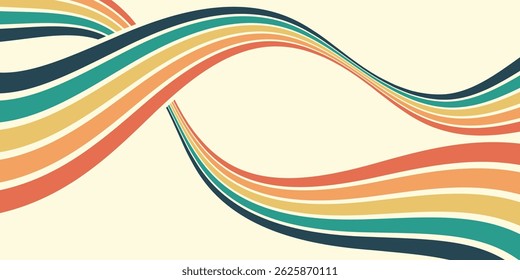 Abstract colorful 70s background vector. Vintage retro wallpaper with rainbow stripes and wavy lines. A 1970 color illustration suitable for posters, banners, decorative items and wall art.