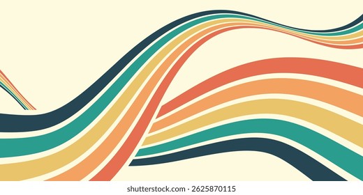 Vetor de fundo colorido abstrato dos anos 70. Vintage papel de parede retro com listras arco-íris e linhas onduladas. Ilustração a cores de 1970 adequada para cartazes, banners, itens decorativos e arte de parede.