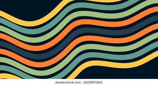 Abstractas colorido Vector de fondo de los años 70. Fondo de pantalla retro de Antiguas con rayas arcoíris y líneas onduladas. Una ilustración a color de 1970 adecuada para carteles, Anuncios, artículos decorativos y arte mural.