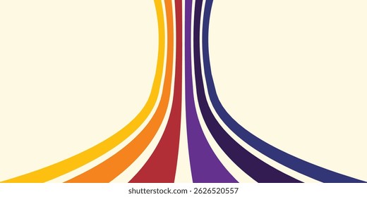 Abstract colorful 70s background vector. Vintage retro wallpaper with rainbow stripes and wavy lines. A 1970 color illustration suitable for posters, banners, decorative items and wall art.