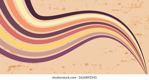 Abstract colorful 70s background vector. Vintage retro wallpaper with rainbow stripes and wavy lines. A 1970 color illustration suitable for posters, banners, decorative items and wall art.