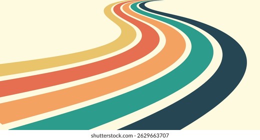 Abstract colorful 70s background vector. Vintage retro wallpaper with rainbow stripes and wavy lines. A 1970 color illustration suitable for posters, banners, decorative items and wall art.