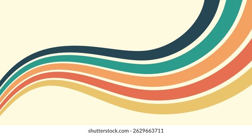 Abstract colorful 70s background vector. Vintage retro wallpaper with rainbow stripes and wavy lines.