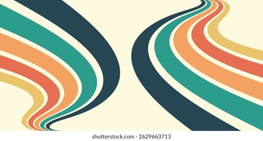 Abstract colorful 70s background vector. Vintage retro wallpaper with rainbow stripes and wavy lines.