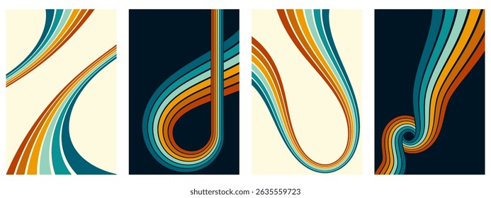 Abstract colorful 70s background vector. Vintage retro wallpaper with rainbow stripes and wavy lines. A 1970 color illustration suitable for posters, banners, decorative items and wall art.