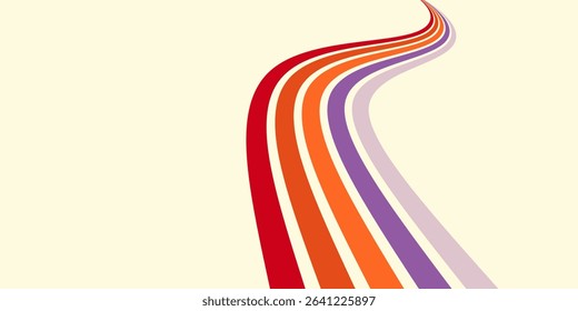 Abstract colorful 70s background vector. Vintage retro wallpaper with rainbow stripes and wavy lines. A 1970 color illustration suitable for posters, banners, decorative items and wall art.