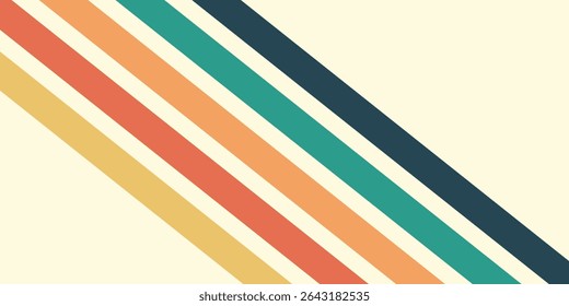 Abstract colorful 70s background vector. Vintage retro wallpaper with rainbow stripes and wavy lines. A 1970 color illustration suitable for posters, banners, decorative items and wall art.