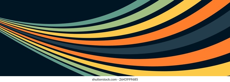 Abstract colorful 70s background vector. Vintage retro wallpaper with rainbow stripes and wavy lines. A 1970 color illustration suitable for posters, banners, decorative items and wall art.