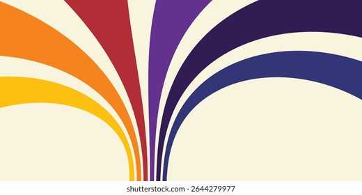 Abstract colorful 70s background vector. Vintage retro wallpaper with rainbow stripes and wavy lines. A 1970 color illustration suitable for posters, banners, decorative items and wall art.