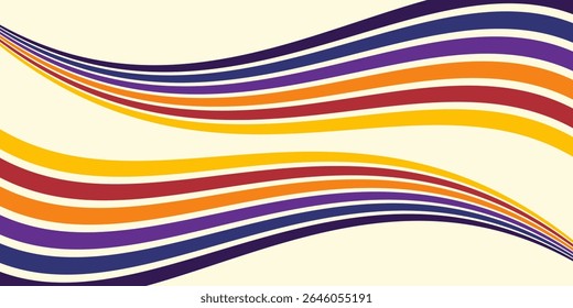 Abstract colorful 70s background vector. Vintage retro wallpaper with rainbow stripes and wavy lines. A 1970 color illustration suitable for posters, banners, decorative items and wall art eps10.