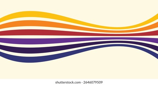 Abstract colorful 70s background vector. Vintage retro wallpaper with rainbow stripes and wavy lines. A 1970 color illustration suitable for posters, banners, decorative items and wall art.