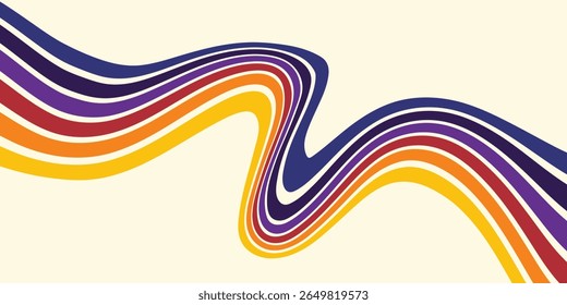 Abstract colorful 70s background vector. Vintage retro wallpaper with rainbow stripes and wavy lines. A 1970 color illustration suitable for posters, banners, decorative items and wall art.