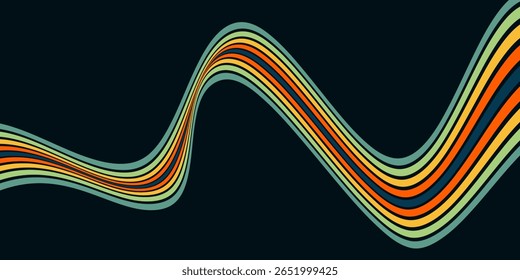 Abstract colorful 70s background vector. Vintage retro wallpaper with rainbow stripes and wavy lines. A 1970 color illustration suitable for posters, banners, decorative items and wall art.