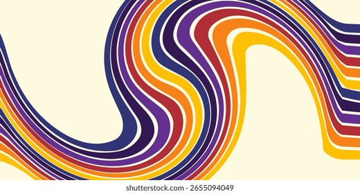 Abstractas colorido Vector de fondo de los años 70. Fondo de pantalla retro de Antiguas con rayas arcoíris y líneas onduladas. Una ilustración a color de 1970 adecuada para carteles, Anuncios, artículos decorativos y arte mural.	
