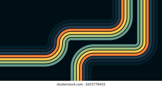 Abstract colorful 70s background vector. Vintage retro wallpaper with rainbow stripes and wavy lines. A 1970 color illustration suitable for posters, banners, decorative items and wall art.