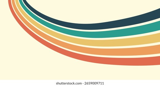 Abstractas colorido Vector de fondo de los años 70. Fondo de pantalla retro de Antiguas con rayas arcoíris y líneas onduladas. Una ilustración a color de 1970 adecuada para carteles, Anuncios, artículos decorativos y arte mural.