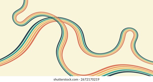 Abstract colorful 70s background vector. Vintage retro wallpaper with rainbow stripes and wavy lines. A 1970 color illustration suitable for posters