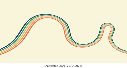 Abstract colorful 70s background vector. Vintage retro wallpaper with rainbow stripes and wavy lines. A 1970 color illustration suitable for posters