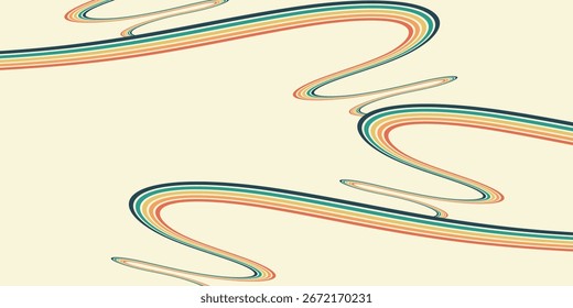 Abstract colorful 70s background vector. Vintage retro wallpaper with rainbow stripes and wavy lines. A 1970 color illustration suitable for posters. Eps 10