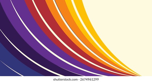 Abstract colorful 70s background vector. Vintage retro wallpaper with rainbow stripes and wavy lines. A 1970 color illustration suitable for posters, banners, decorative items and wall art.