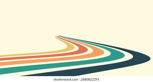 Abstract colorful 70s background vector. Vintage retro wallpaper with rainbow stripes and wavy lines. A 1970 color illustration suitable for posters, banners, decorative items and wall art.