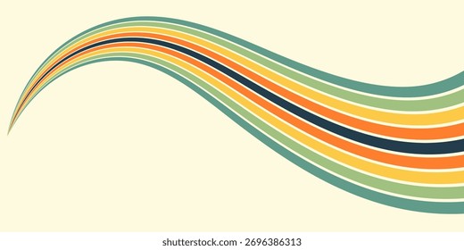 Abstract colorful 70s background vector. Vintage retro wallpaper with rainbow stripes and wavy lines. A 1970 color illustration suitable for posters, banners, decorative items and wall art.