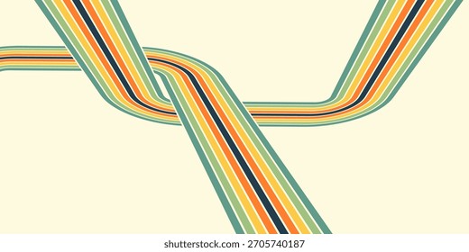 Abstract colorful 70s background vector. Vintage retro wallpaper with rainbow stripes and wavy lines. A 1970 color illustration suitable for posters, banners, decorative items and wall art.