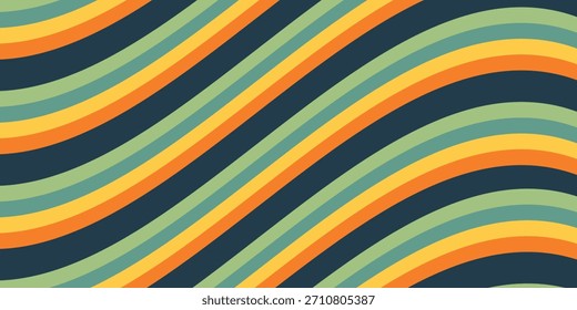 Abstractas colorido Vector de fondo de los años 70. Fondo de pantalla retro de Antiguas con rayas arcoíris y líneas onduladas. Una ilustración a color de 1970 adecuada para carteles, Anuncios, artículos decorativos y arte mural.