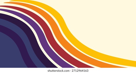 Abstract colorful 70s background vector. Vintage retro wallpaper with rainbow stripes and wavy lines. A 1970 color illustration suitable for posters, banners, decorative items and wall art.