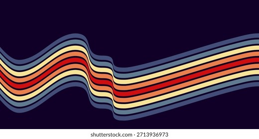 Abstrakter, bunter 70er-Jahre-Hintergrundvektor. Vintage Retro Tapete mit Regenbogenstreifen und gewellten Linien. Eine 1970 farbige Illustration geeignet für Poster, Banner, Dekorationsgegenstände und Wandkunst. EPS2