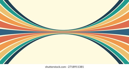Abstrakter, bunter 70er-Jahre-Hintergrundvektor. Vintage Retro Tapete mit Regenbogenstreifen und gewellten Linien.	
