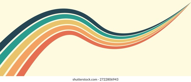 Abstract colorful 70s background vector. Vintage retro wallpaper with rainbow stripes and wavy lines. A 1970 color illustration suitable for posters, banners, decorative items and wall art.