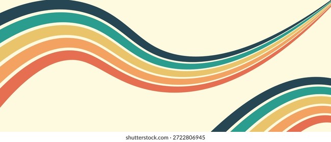 Abstract colorful 70s background vector. Vintage retro wallpaper with rainbow stripes and wavy lines. A 1970 color illustration suitable for posters, banners, decorative items and wall art.