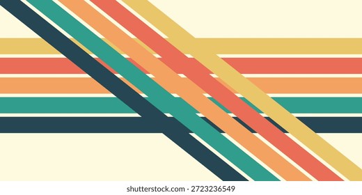 Abstract colorful 70s background vector. Vintage retro wallpaper with rainbow stripes and wavy lines. A 1970 color illustration suitable for posters, banners, decorative items and wall art.	
