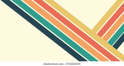 Abstract colorful 70s background vector. Vintage retro wallpaper with rainbow stripes and wavy lines. A 1970 color illustration suitable for posters, banners, decorative items and wall art.	
