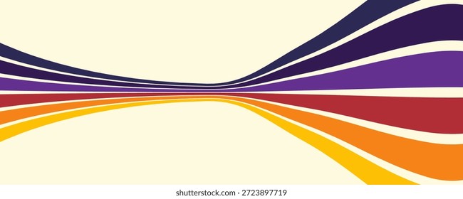 Abstract colorful 70s background vector. Vintage retro wallpaper with rainbow stripes and wavy lines. A 1970 color illustration suitable for posters, banners, decorative items and wall art.