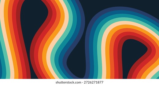 Vetor de fundo colorido abstrato dos anos 70. Vintage estilo retro papel de parede com linhas, arco-íris ondulado listras. 1970 design de ilustração a cores adequado para cartaz, banner, decorativo, arte de parede.