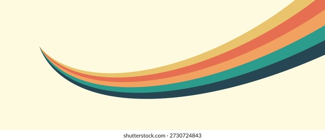 Vetor de fundo colorido abstrato dos anos 70. Vintage papel de parede retro com listras arco-íris e linhas onduladas. Uma ilustração colorida de 1970.