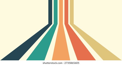 Abstract colorful 70s background vector. Vintage retro wallpaper with rainbow stripes and wavy lines. A 1970 color illustration suitable for posters, banners, decorative items and wall art.