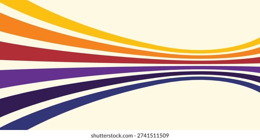 Abstract colorful 70s background vector. Vintage retro wallpaper with rainbow stripes and wavy lines. A 1970 color illustration suitable for posters, banners, decorative items and wall art.