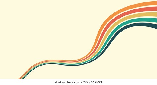 Abstract colorful 70s background vector. Vintage retro wallpaper with rainbow stripes and wavy lines.